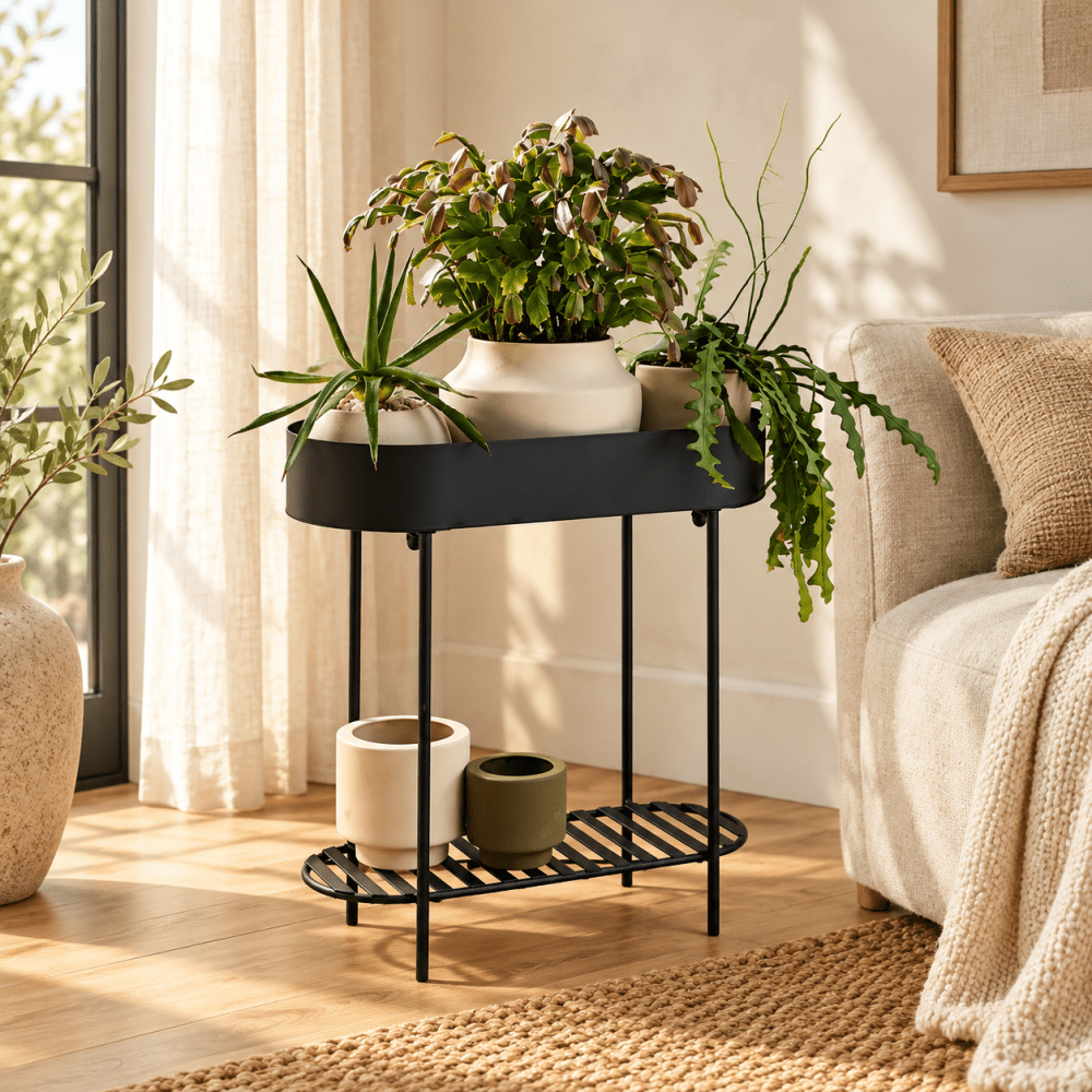 Oval Iron Plant Stand with Shelf - myhomestore.com.pk