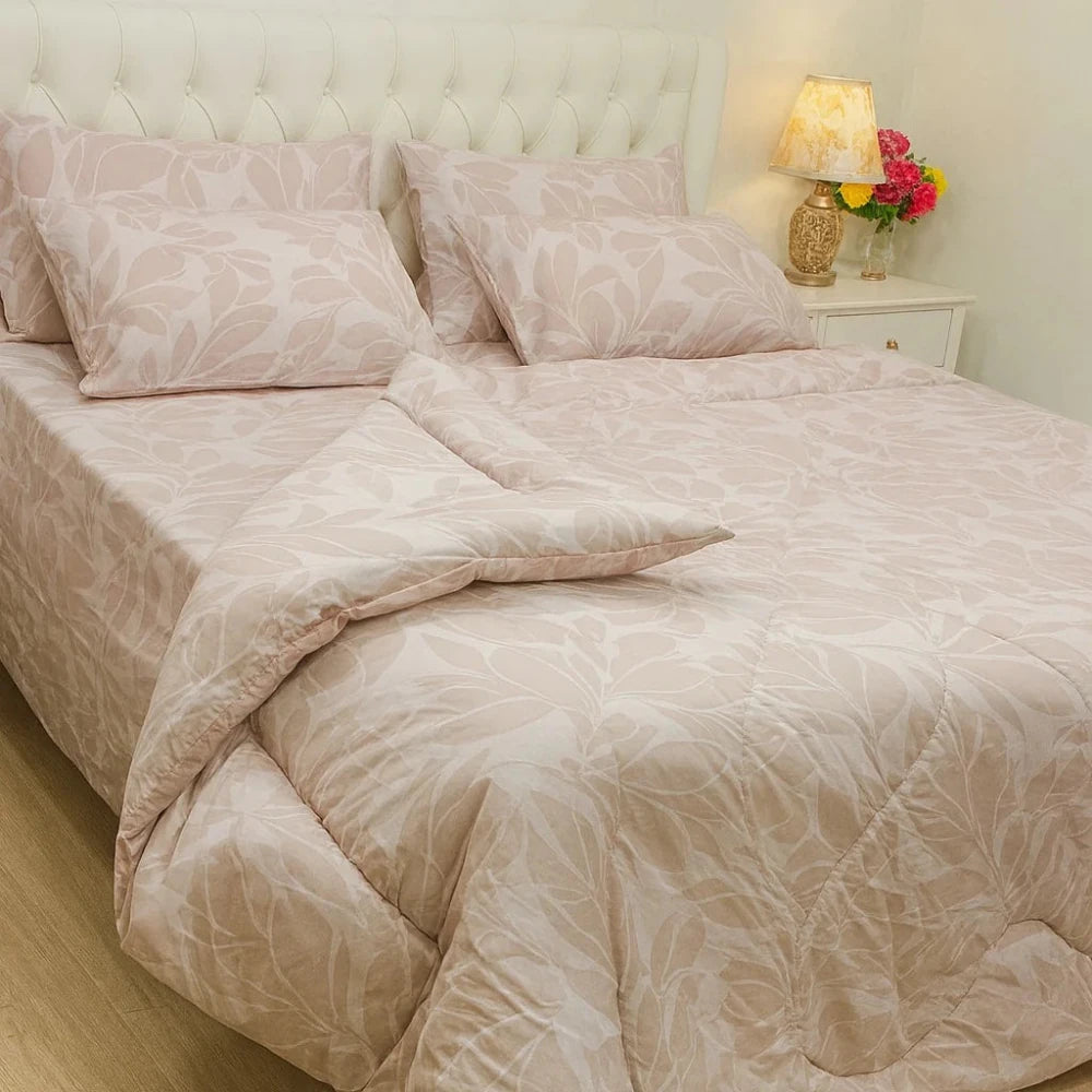 Peach Beige Floral Quilt Set – Premium Soft Microfiber Bedding - myhomestore.com.pk
