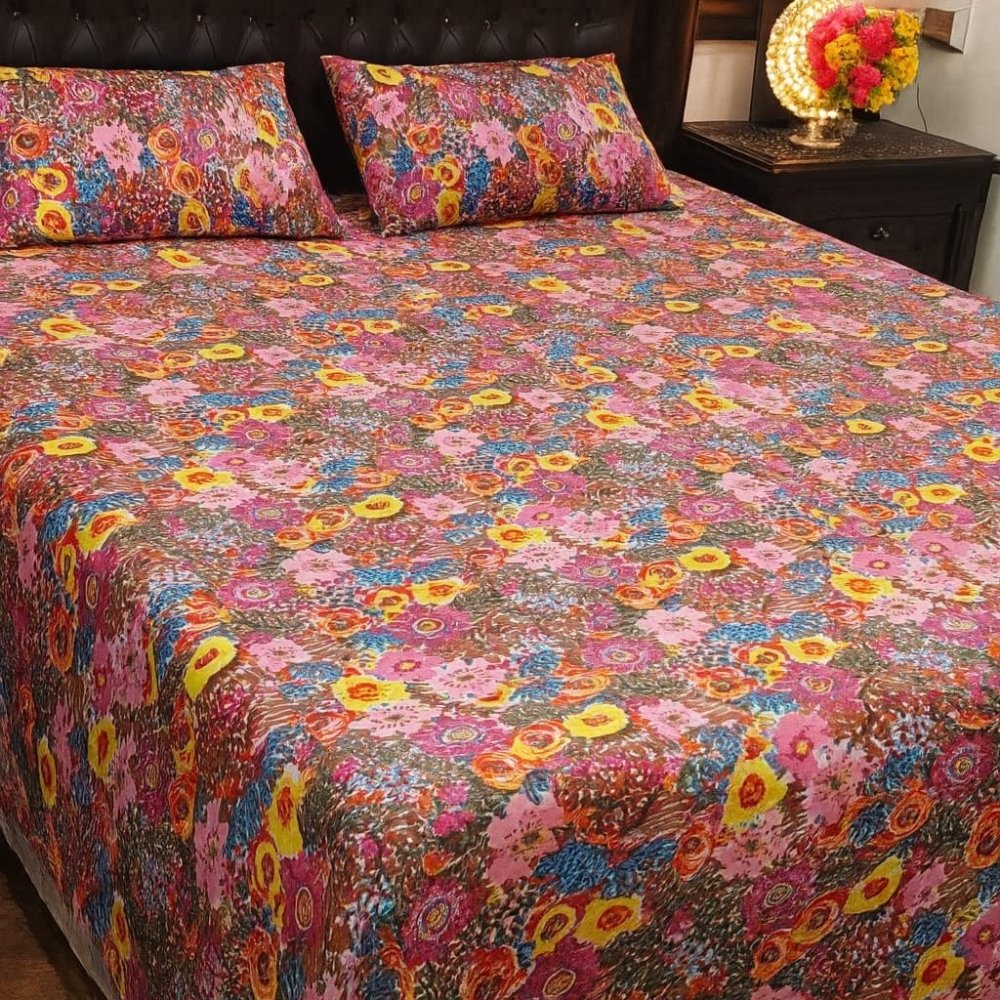 Pink Floral Printed Bedsheet 3 pcs - myhomestore.com.pk