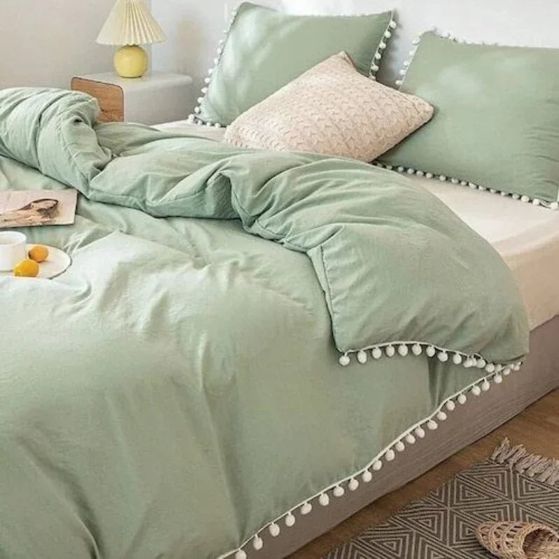 Plain Dyed Duvet with pom pom lace - myhomestore.com.pk