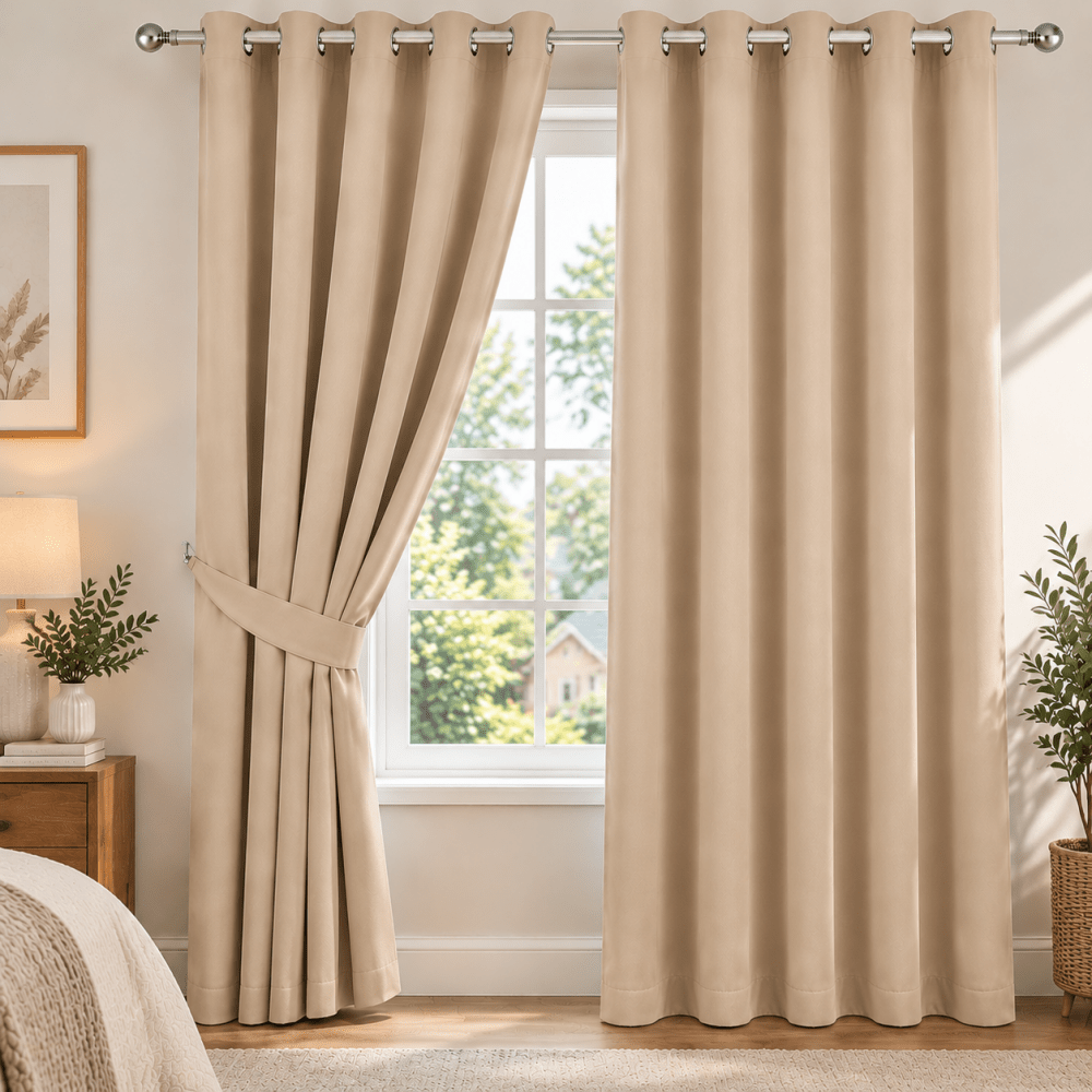 Plain Dyed Eyelet Curtain with Lining (Beige) – Pack of 2 - myhomestore.com.pk