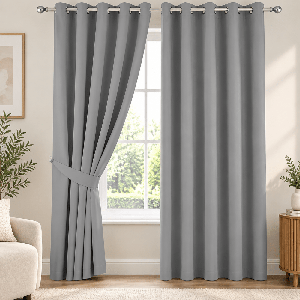 Plain Dyed Eyelet Curtain with Lining (grey) – Pack of 2 - myhomestore.com.pk