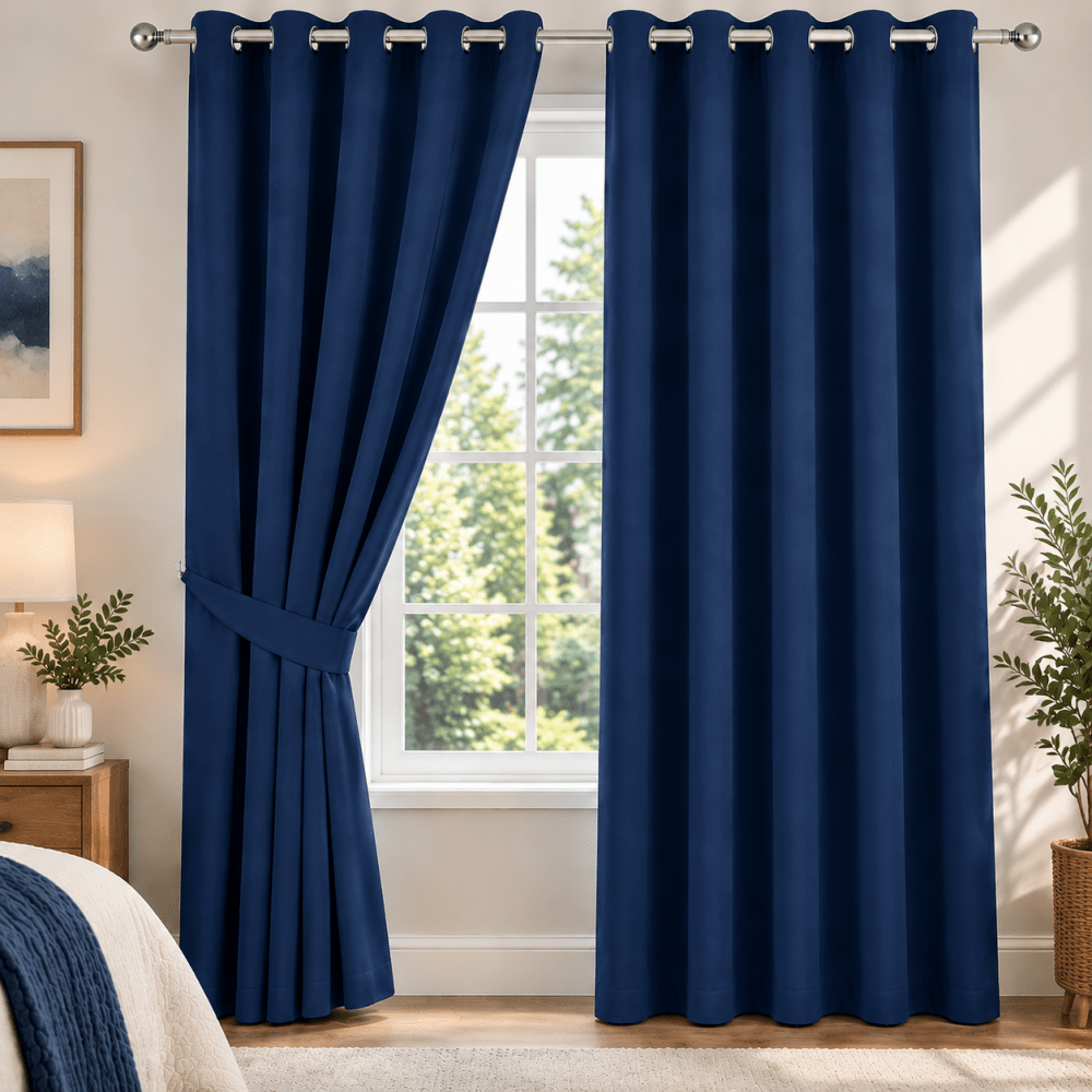 Plain Dyed Eyelet Curtain with Lining (Navy) – Pack of 2 - myhomestore.com.pk