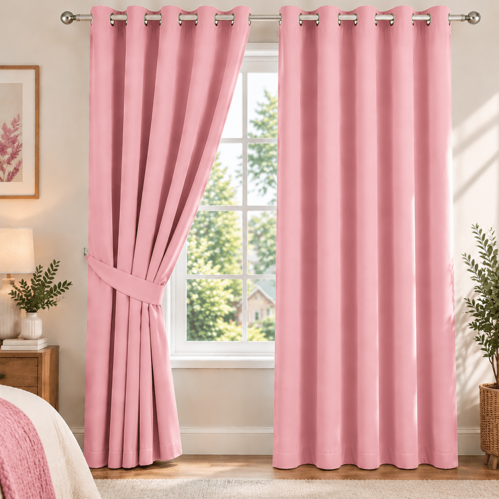Plain Dyed Eyelet Curtain with Lining (pink) – Pack of 2 - myhomestore.com.pk