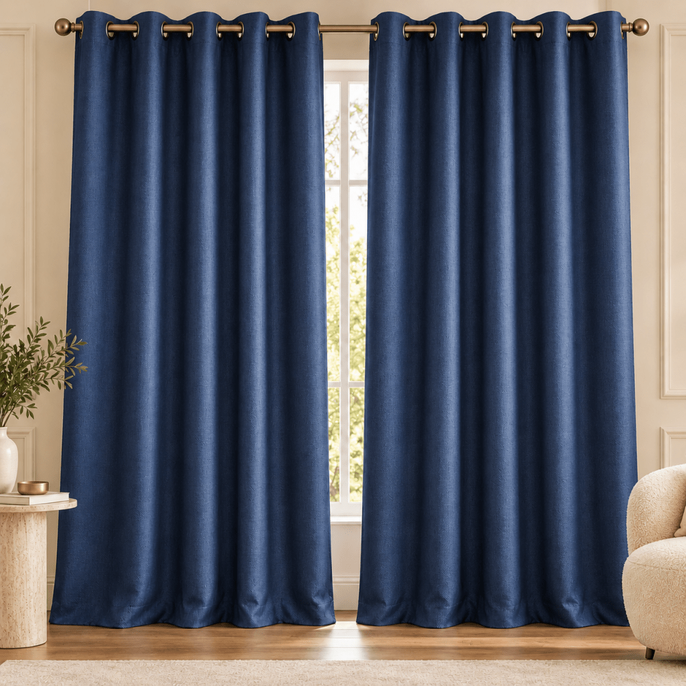 Plain Navy Blue Shiny Duck Fabric Curtains – Pack of 2 - myhomestore.com.pk