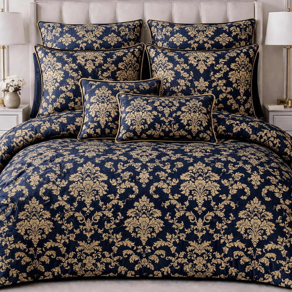 Premium Damask Jacquard Bedding Set in Navy Blue & Gold - myhomestore.com.pk