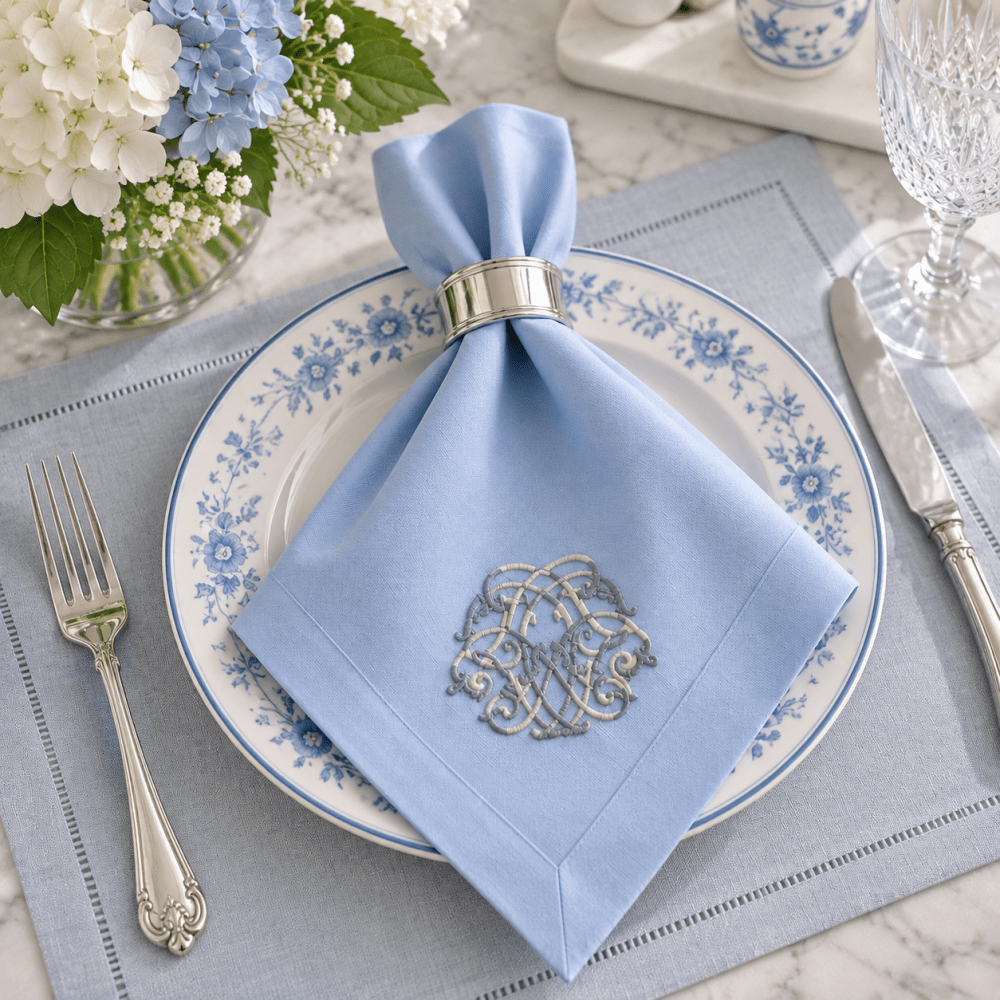 Premium Embroidered Blue Linen Style Napkin - myhomestore.com.pk