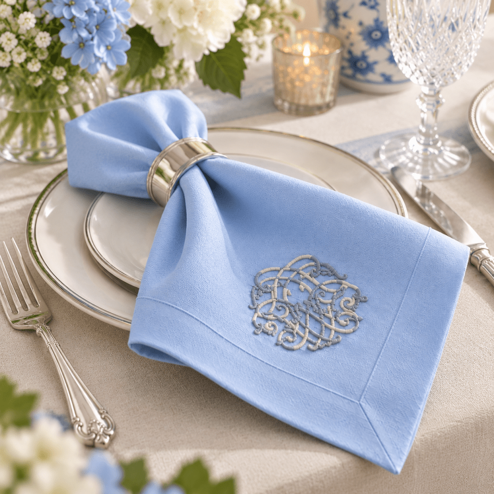 Premium Embroidered Blue Linen Style Napkin - myhomestore.com.pk