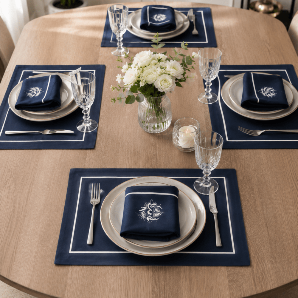 Premium Embroidered Dining Table Linen – Navy & White - myhomestore.com.pk