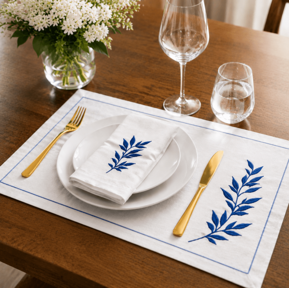 Premium Embroidered Dining Table Linen – Navy & White - myhomestore.com.pk