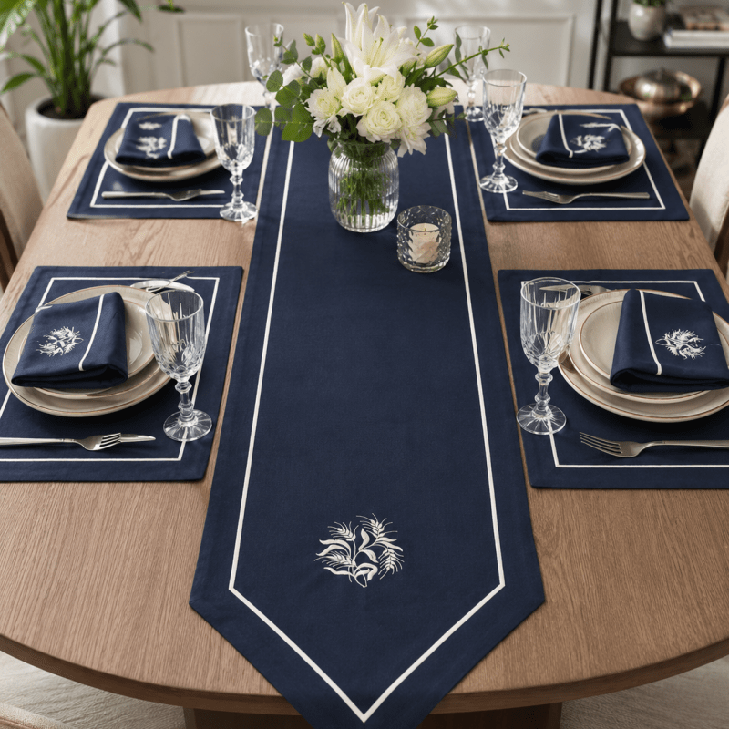 Premium Embroidered Dining Table Linen – Navy & White - myhomestore.com.pk
