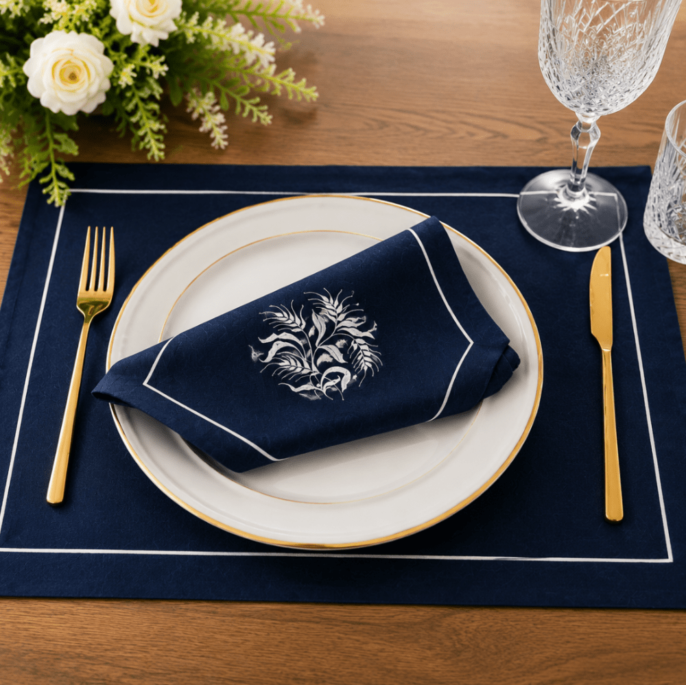 Premium Embroidered Dining Table Linen – Navy & White - myhomestore.com.pk