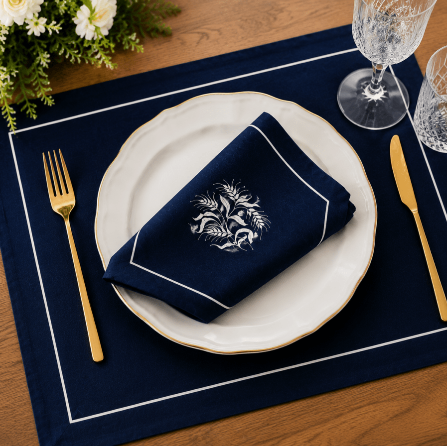 Premium Embroidered Dining Table Linen – Navy & White - myhomestore.com.pk