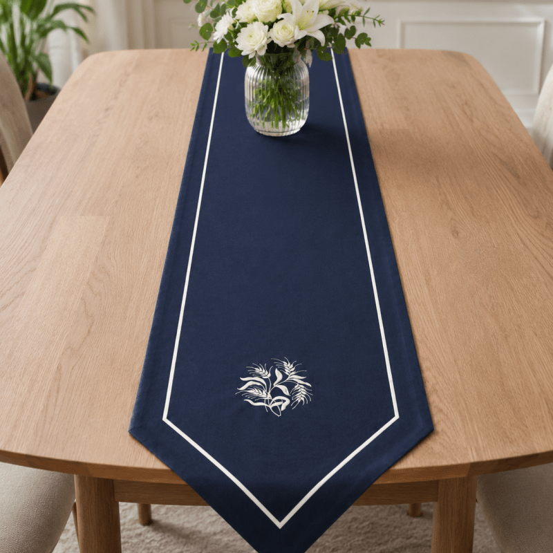 Premium Embroidered Dining Table Linen – Navy & White - myhomestore.com.pk