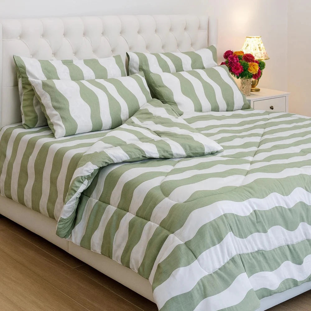 Premium Green Stripe Comforter Set – Cozy Quilt + Pillowcases - myhomestore.com.pk