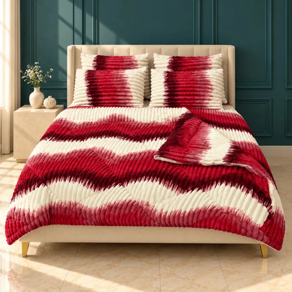 Red & White Ikat Stripe Bubble Fleece Comforter Set – 6 Pcs King Size - myhomestore.com.pk