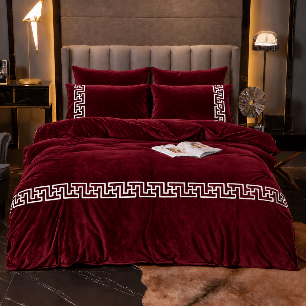 Rich Maroon Greek Border Velvet Duvet Set - myhomestore.com.pk