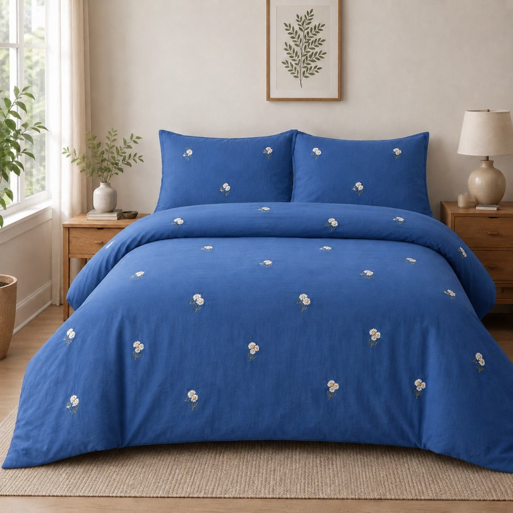 Royal Blue Daisy Embroidered bedding Set - myhomestore.com.pk