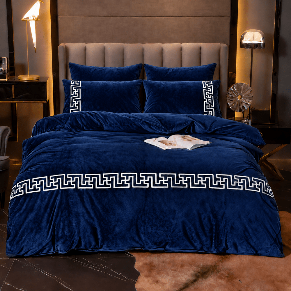 Royal Blue Greek Border Velvet Duvet Set - myhomestore.com.pk