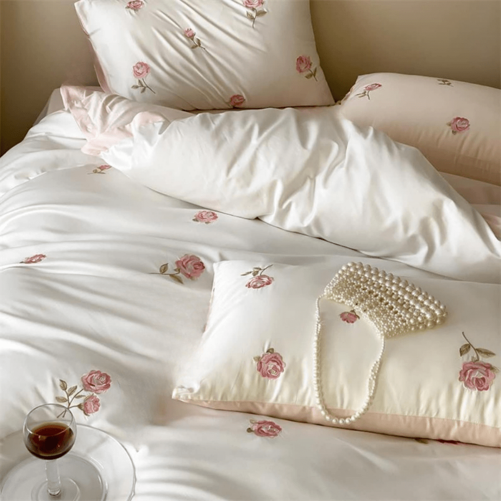 Royal Rose Satin Embroidery Duvet Set - myhomestore.com.pk