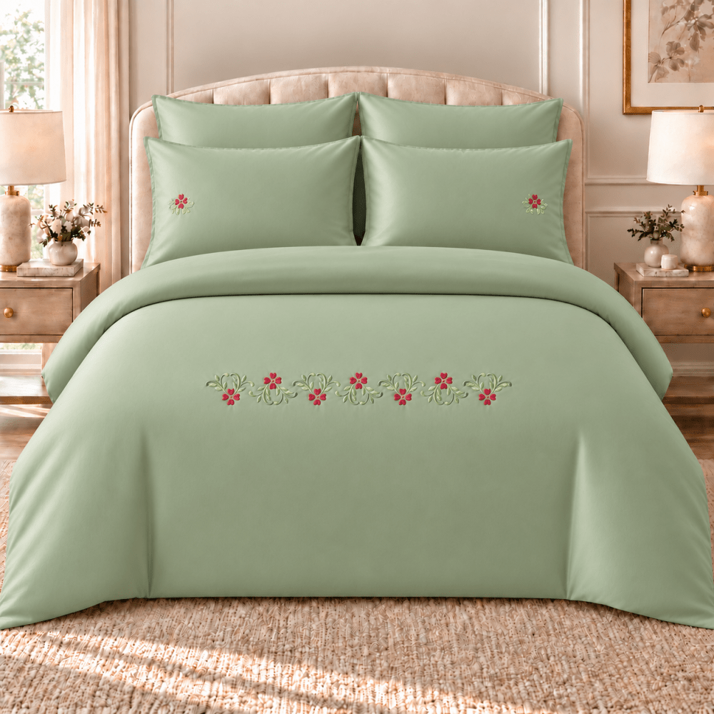 Ruby Blossom Sage Green Embroidered Bedding Set - myhomestore.com.pk