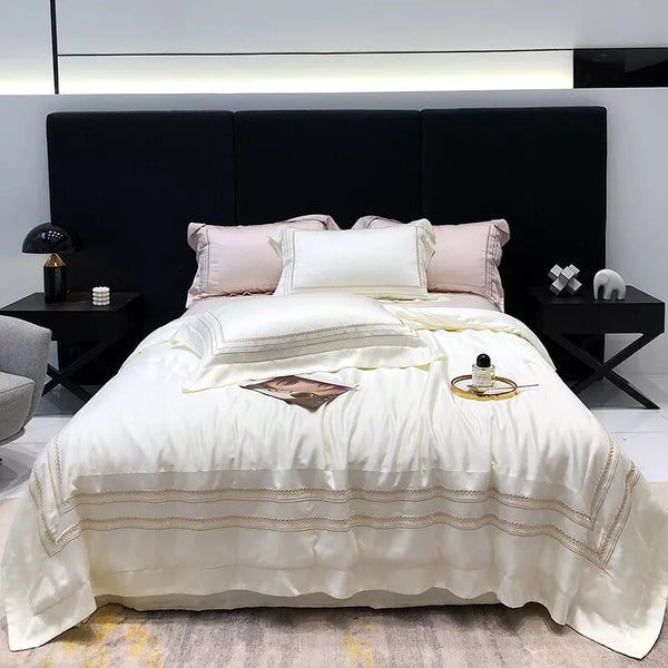 Off white Cotton Satin Embroidery Duvet Set