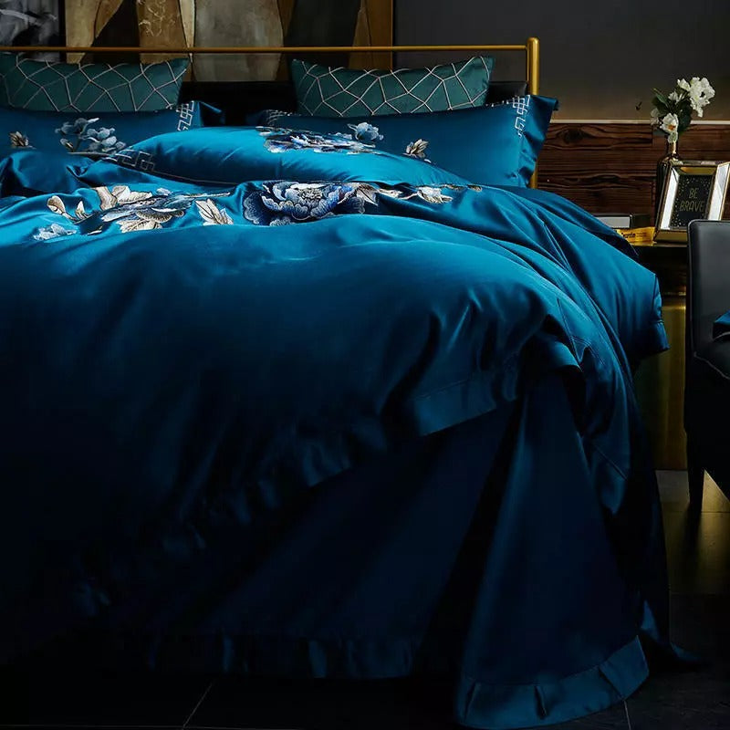 Royal Blue Cotton Satin Embroidery Duvet Set