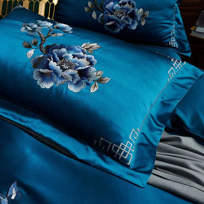 Royal Blue Cotton Satin Embroidery Duvet Set