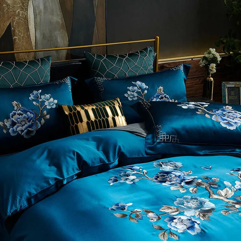 Royal Blue Cotton Satin Embroidery Duvet Set