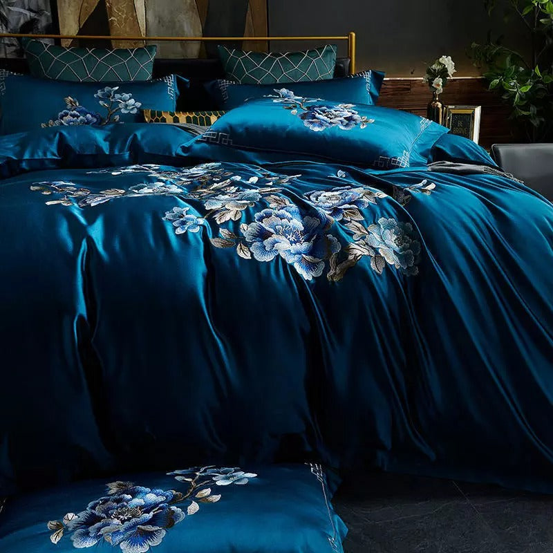 Royal Blue Cotton Satin Embroidery Duvet Set