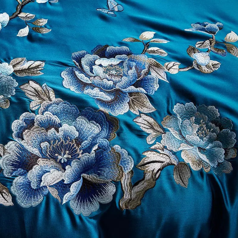 Royal Blue Cotton Satin Embroidery Duvet Set