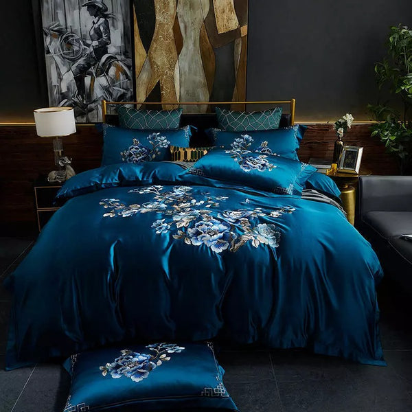 Royal Blue Cotton Satin Embroidery Duvet Set