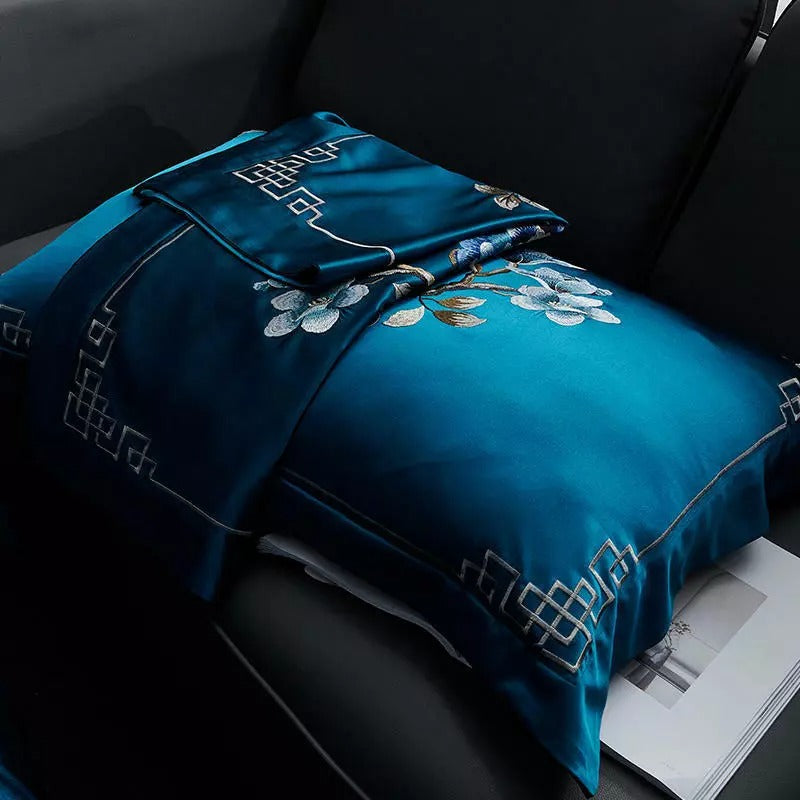 Royal Blue Cotton Satin Embroidery Duvet Set