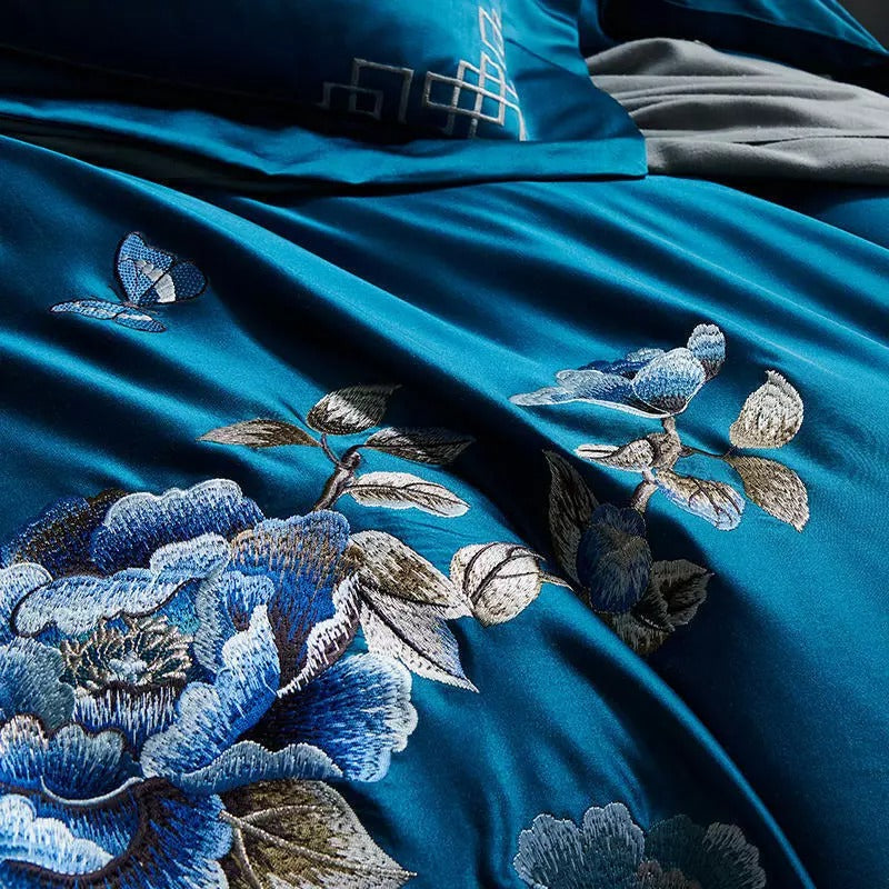 Royal Blue Cotton Satin Embroidery Duvet Set