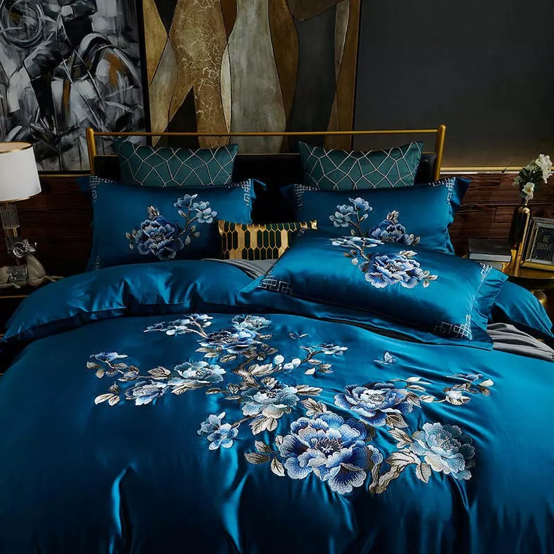 Royal Blue Cotton Satin Embroidery Duvet Set