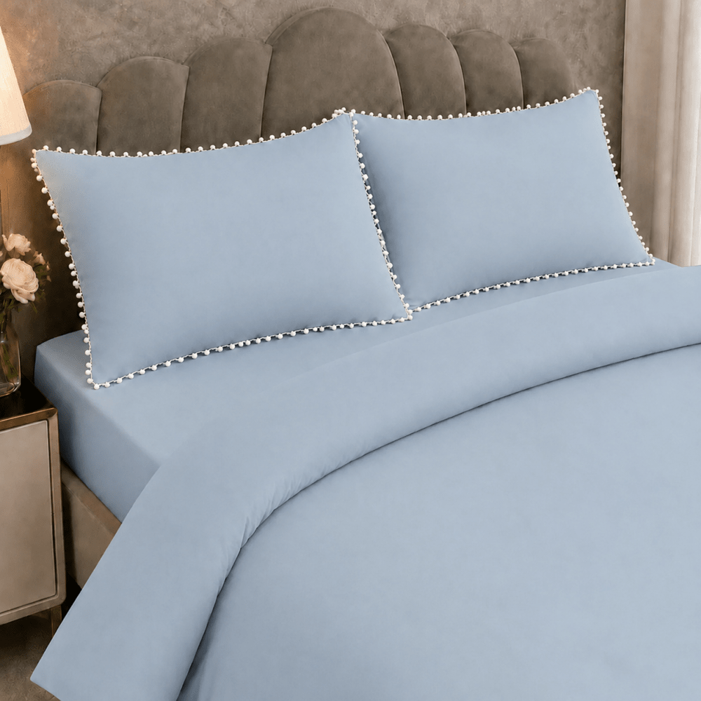 Sky Blue Duvet Cover Set with White Pom Pom Lace Pillowcases - myhomestore.com.pk