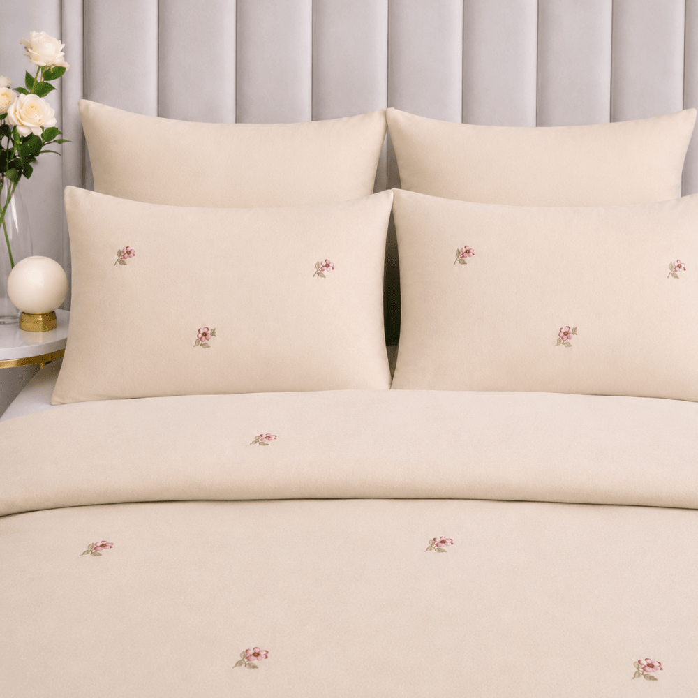 Soft Cream Floral Embroidered Duvet Cover Set - myhomestore.com.pk
