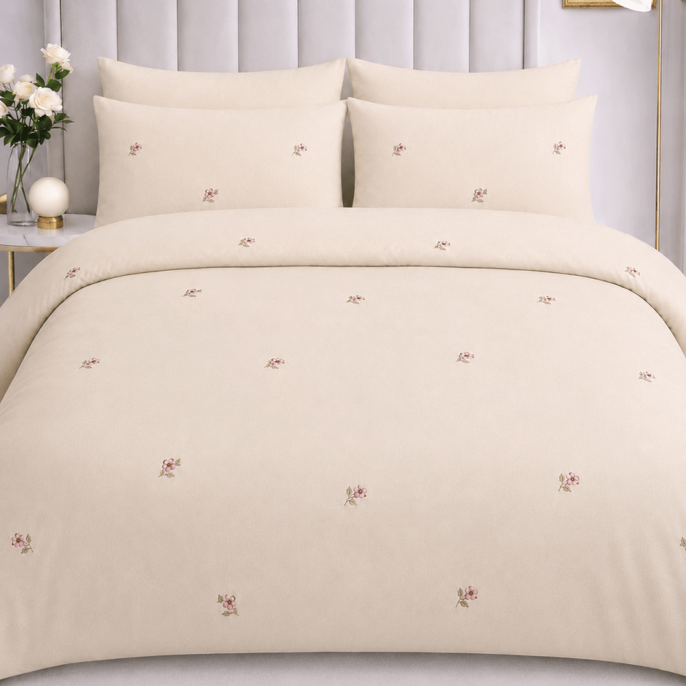 Soft Cream Floral Embroidered Duvet Cover Set - myhomestore.com.pk