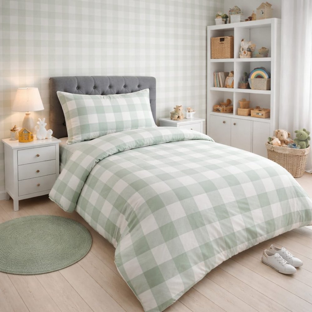 Soft Green Checkered Kids Bed - sheet - myhomestore.com.pk