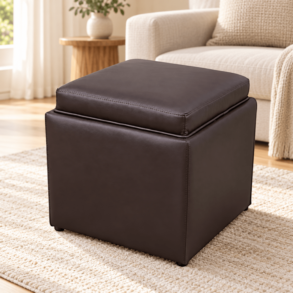 Square Storage Ottoman with Tray Faux Leather Upholstered Footrest Stool - myhomestore.com.pk