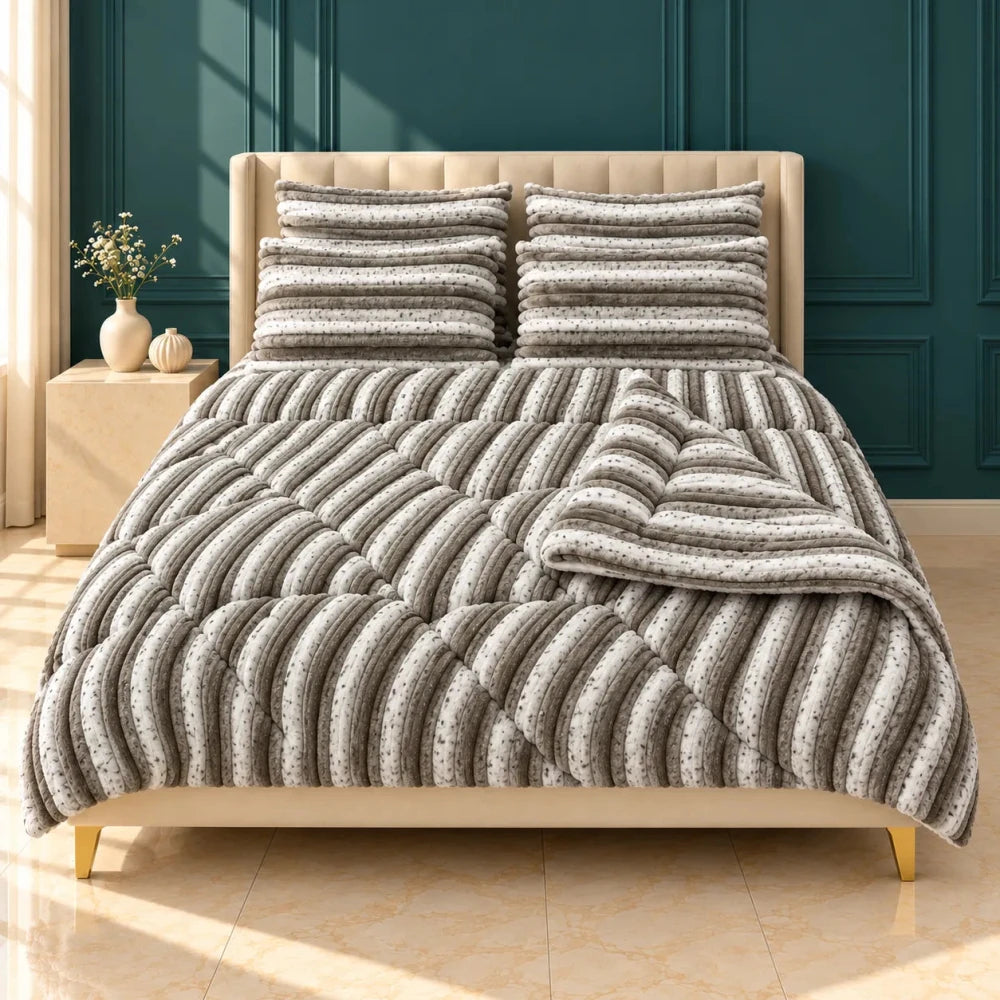 Taupe & White Speckled Stripe Bubble Fleece Comforter Set – 6 Pcs King Size - myhomestore.com.pk