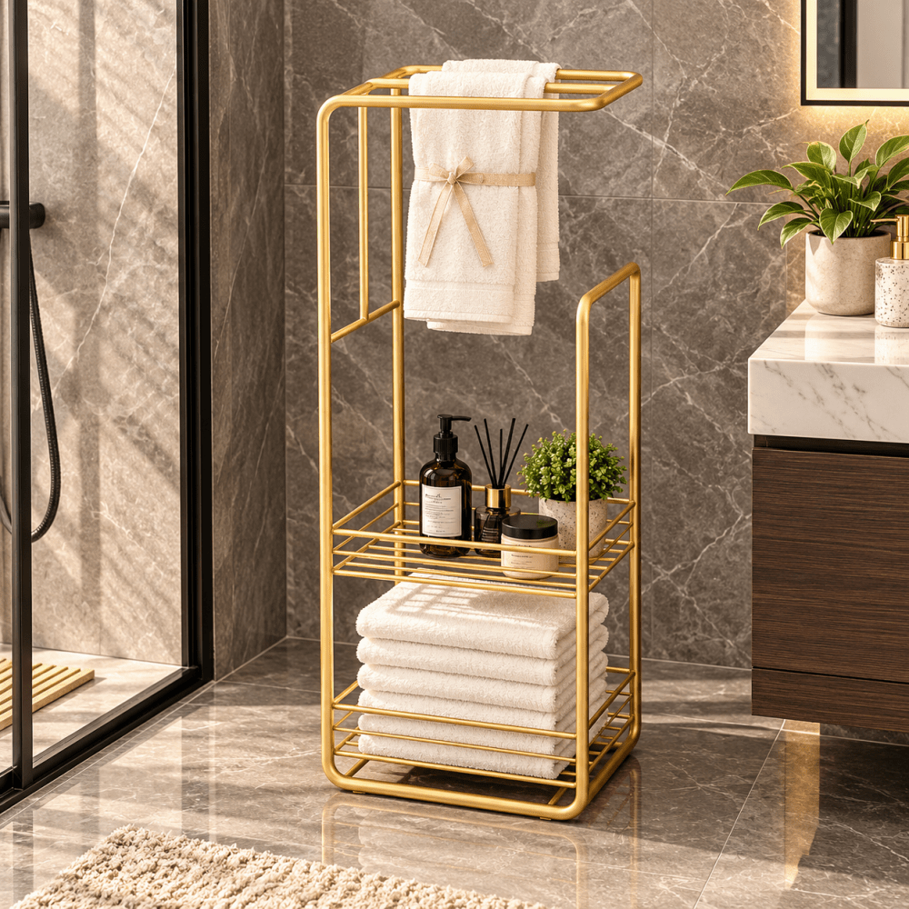 Towel Stand With Storage Shelf For Bathroom - myhomestore.com.pk