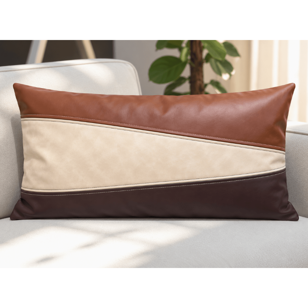 Trio Panel Faux Leather Rectangular Cushion Cover – Brown & Cream - myhomestore.com.pk