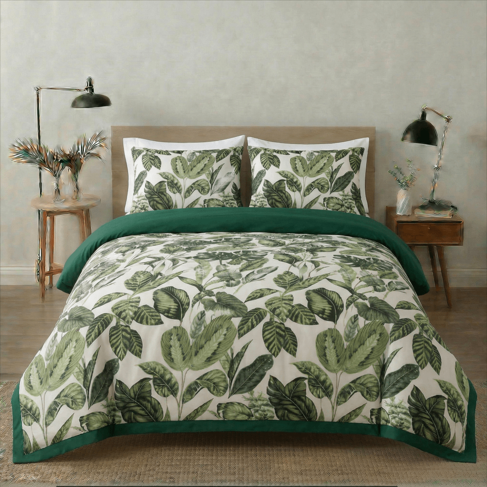Tropical Green Leaves Print Bedsheet – King Size - myhomestore.com.pk