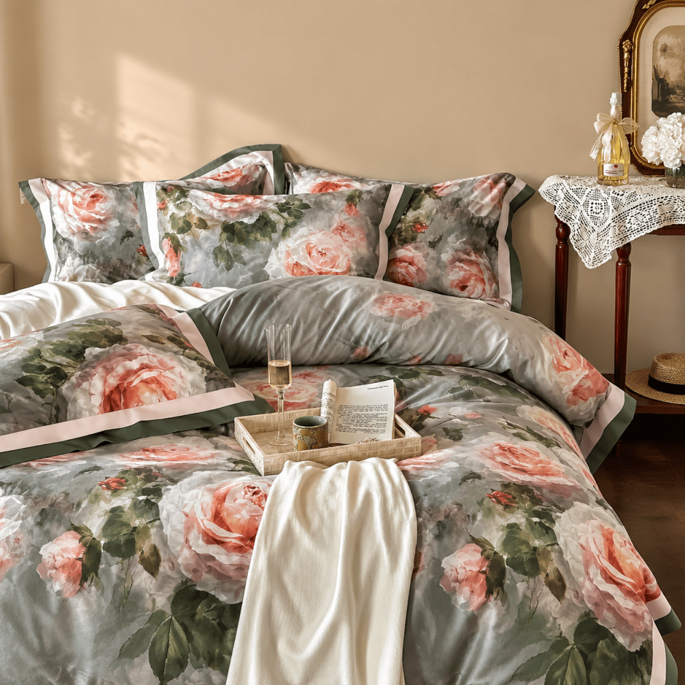 Vintage Rose Oil Printing Style Printed Duvet Set - myhomestore.com.pk