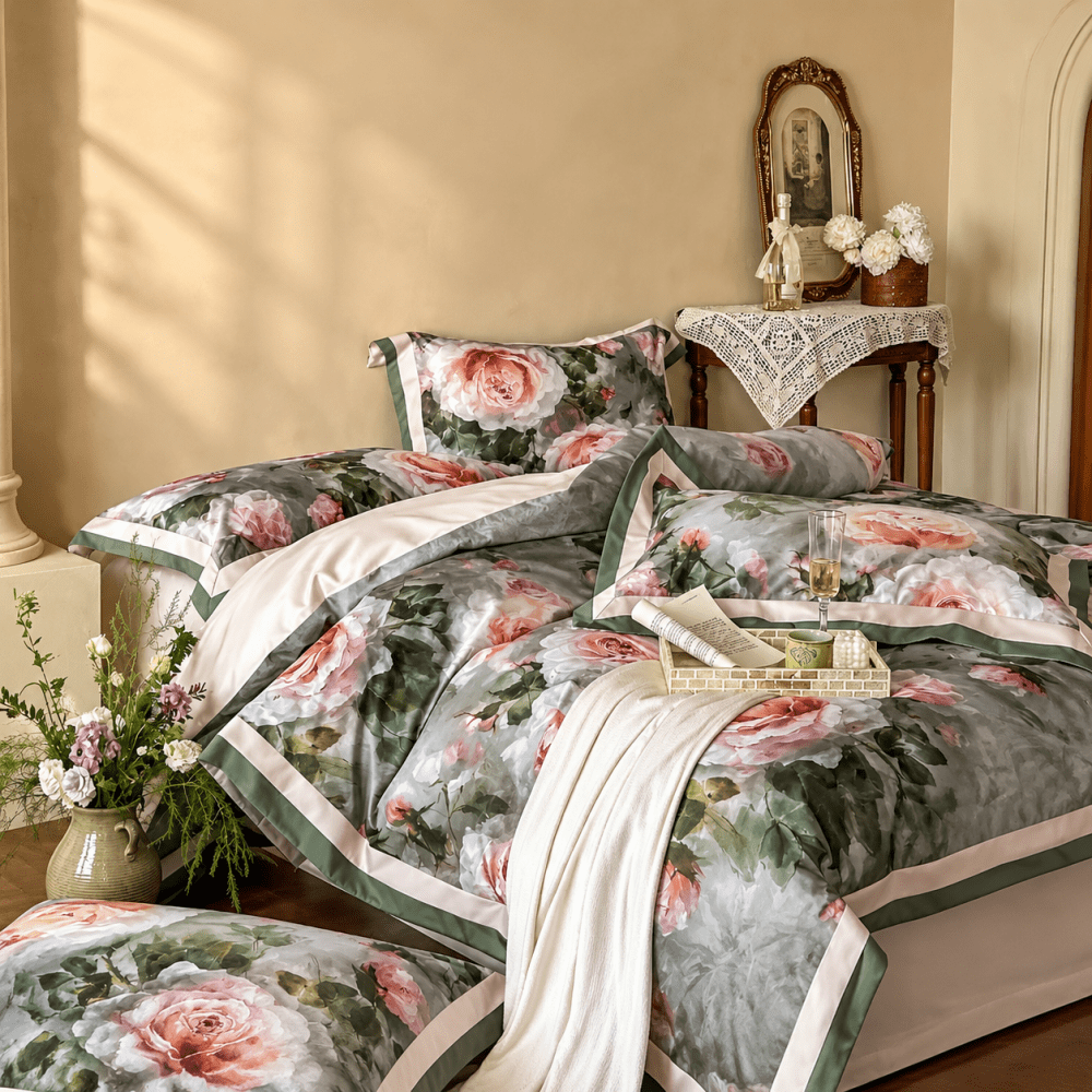 Vintage Rose Oil Printing Style Printed Duvet Set - myhomestore.com.pk