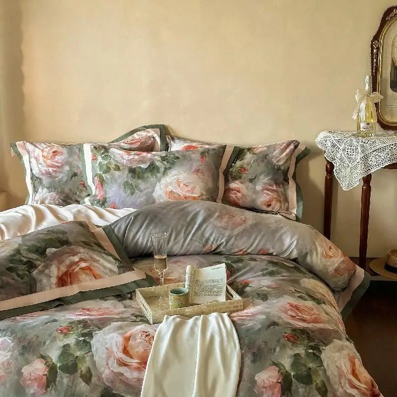Vintage Rose Oil Printing Style Printed Duvet Set - myhomestore.com.pk
