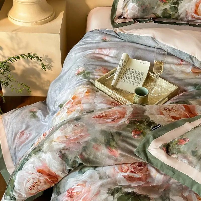Vintage Rose Oil Printing Style Printed Duvet Set - myhomestore.com.pk