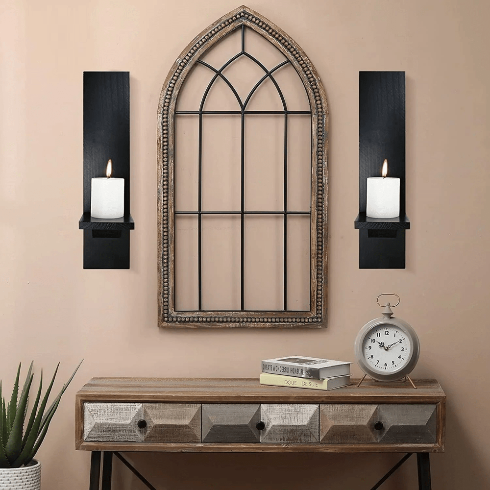 Wall Candle Sconces Set of 2, Decorative Wooden Candle Holder, Farmhouse Candle Sconce, Living Room Wall Decoration, - myhomestore.com.pk