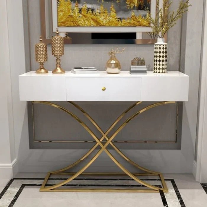 White Console Table with Drawer Entryway Table Contemporary for Hallway X Gold Base - myhomestore.com.pk